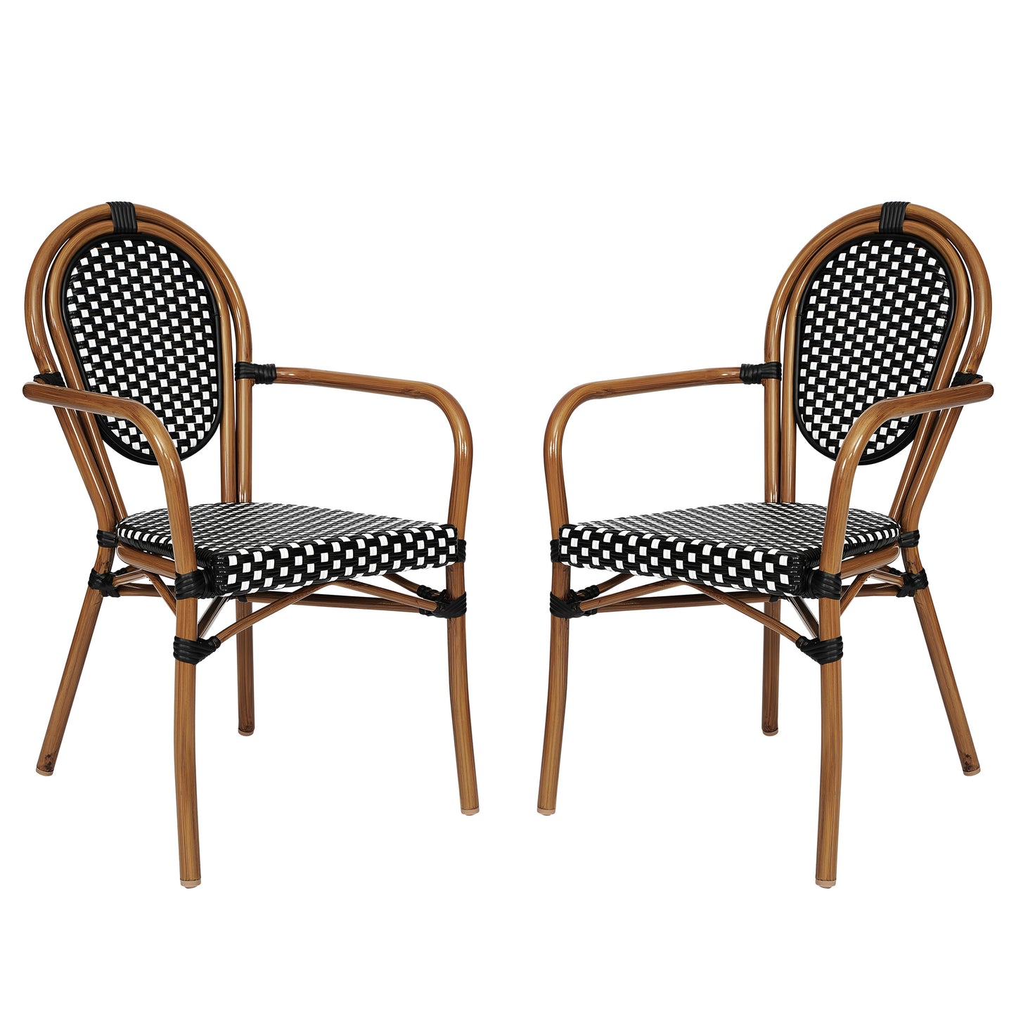 2 Pack Lourdes Indoor/Outdoor Commercial Thonet Bistro Stacking Chair with Arms, Black and White PE Rattan and Natural Aluminum Frame Black & White/Natural Frame
