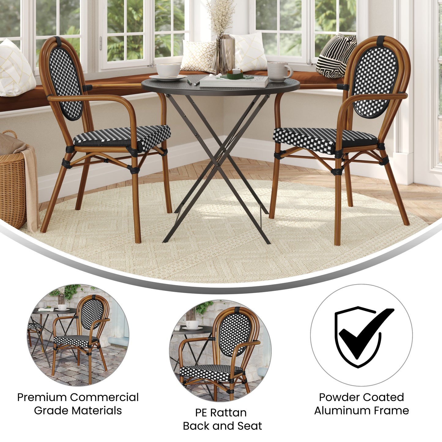 2 Pack Lourdes Indoor/Outdoor Commercial Thonet Bistro Stacking Chair with Arms, Black and White PE Rattan and Natural Aluminum Frame Black & White/Natural Frame