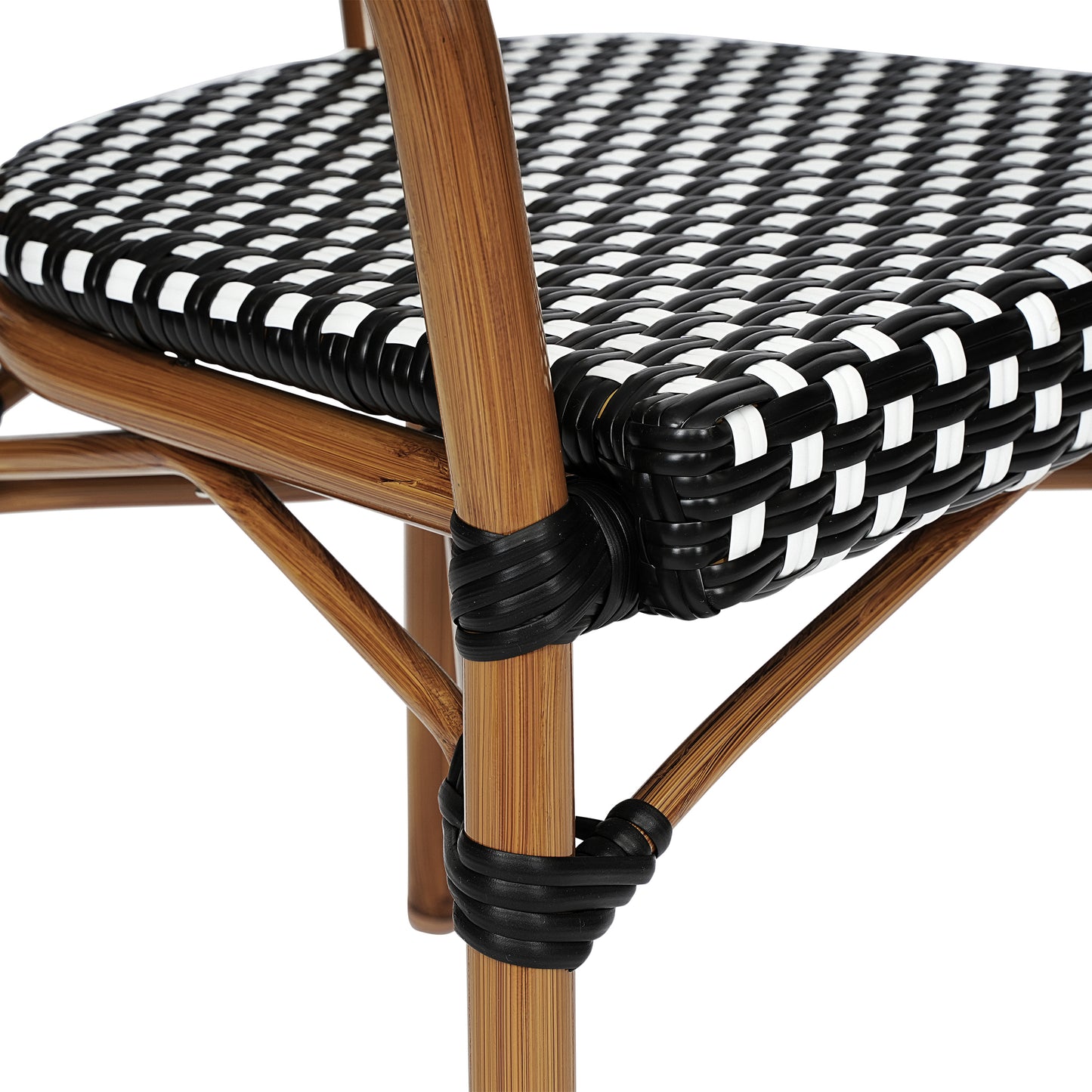 2 Pack Lourdes Indoor/Outdoor Commercial Thonet Bistro Stacking Chair with Arms, Black and White PE Rattan and Natural Aluminum Frame Black & White/Natural Frame