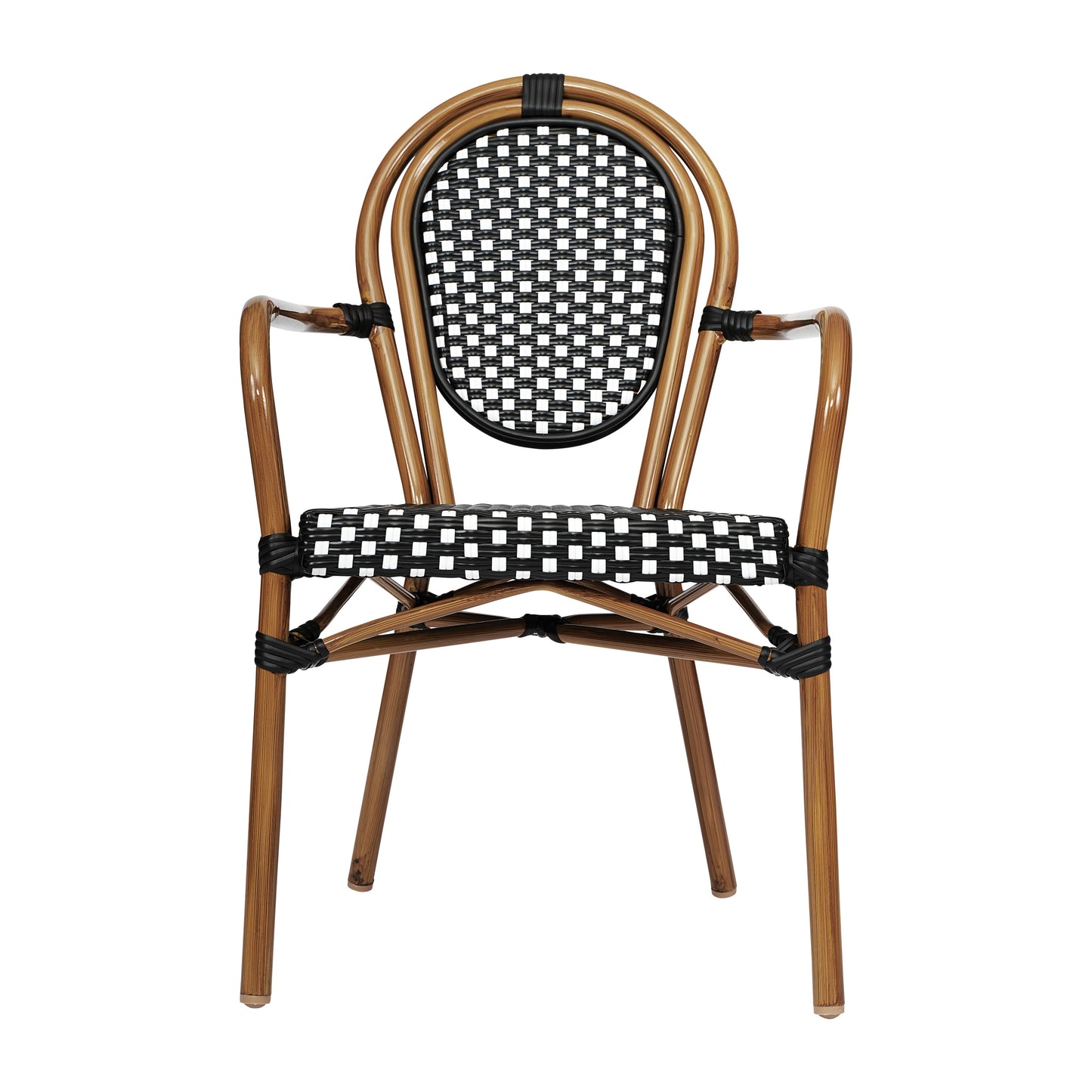 2 Pack Lourdes Indoor/Outdoor Commercial Thonet Bistro Stacking Chair with Arms, Black and White PE Rattan and Natural Aluminum Frame Black & White/Natural Frame