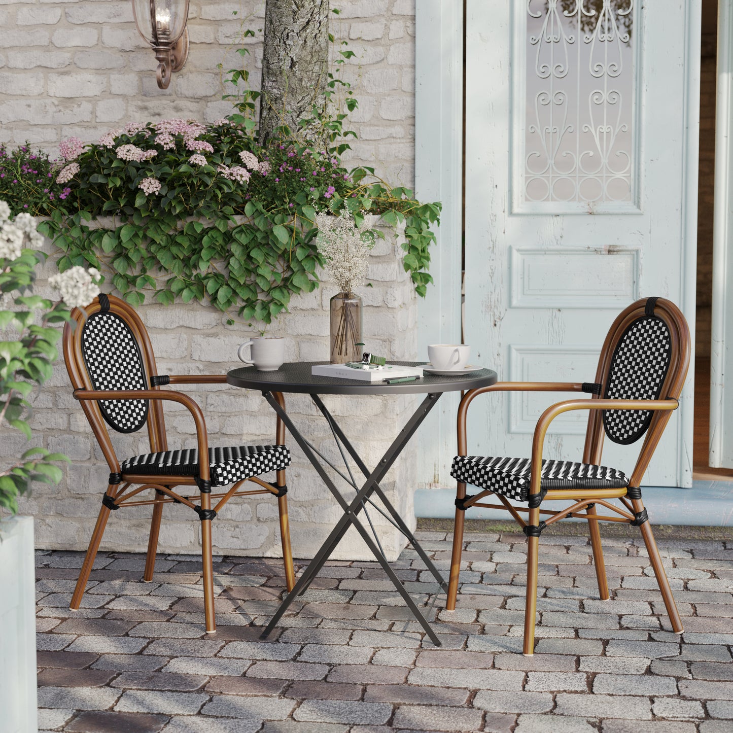 2 Pack Lourdes Indoor/Outdoor Commercial Thonet Bistro Stacking Chair with Arms, Black and White PE Rattan and Natural Aluminum Frame Black & White/Natural Frame