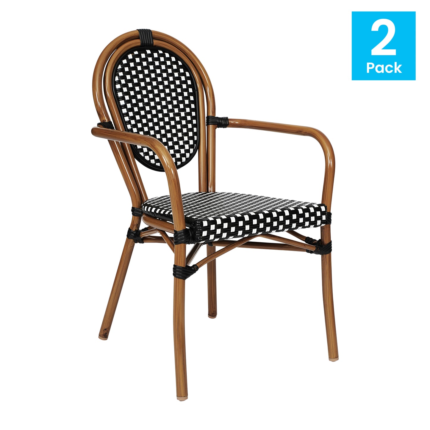 2 Pack Lourdes Indoor/Outdoor Commercial Thonet Bistro Stacking Chair with Arms, Black and White PE Rattan and Natural Aluminum Frame Black & White/Natural Frame
