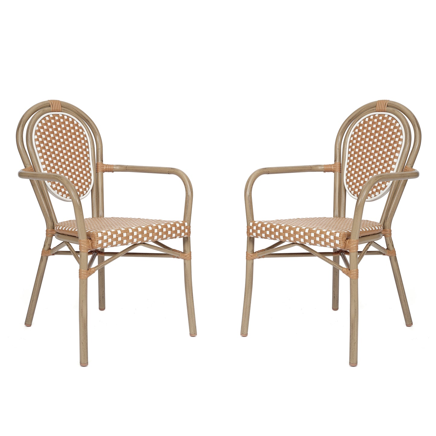 2 Pack Lourdes Indoor/Outdoor Commercial Thonet Bistro Stack Chair with Arms, Natural/White PE Rattan and Bamboo Aluminum Frame in Lt Natural Natural & White/Light Natural Frame 2-SDA-AD642002A-NATWH-LTNAT-GG