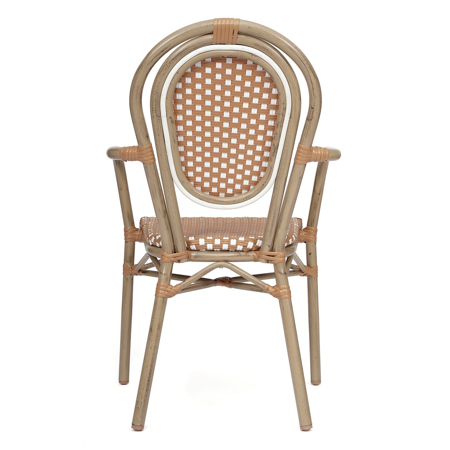 2 Pack Lourdes Indoor/Outdoor Commercial Thonet Bistro Stack Chair with Arms, Natural/White PE Rattan and Bamboo Aluminum Frame in Lt Natural Natural & White/Light Natural Frame 2-SDA-AD642002A-NATWH-LTNAT-GG