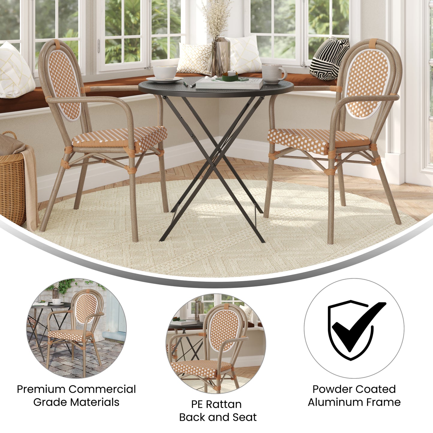 2 Pack Lourdes Indoor/Outdoor Commercial Thonet Bistro Stack Chair with Arms, Natural/White PE Rattan and Bamboo Aluminum Frame in Lt Natural Natural & White/Light Natural Frame 2-SDA-AD642002A-NATWH-LTNAT-GG
