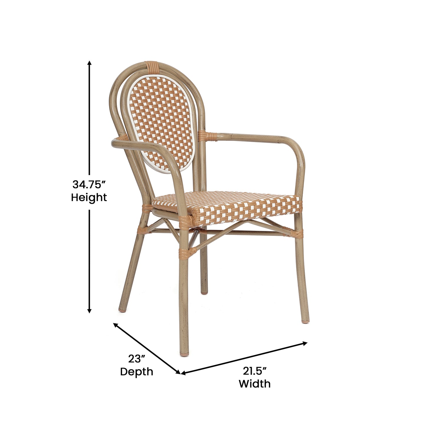2 Pack Lourdes Indoor/Outdoor Commercial Thonet Bistro Stack Chair with Arms, Natural/White PE Rattan and Bamboo Aluminum Frame in Lt Natural Natural & White/Light Natural Frame 2-SDA-AD642002A-NATWH-LTNAT-GG
