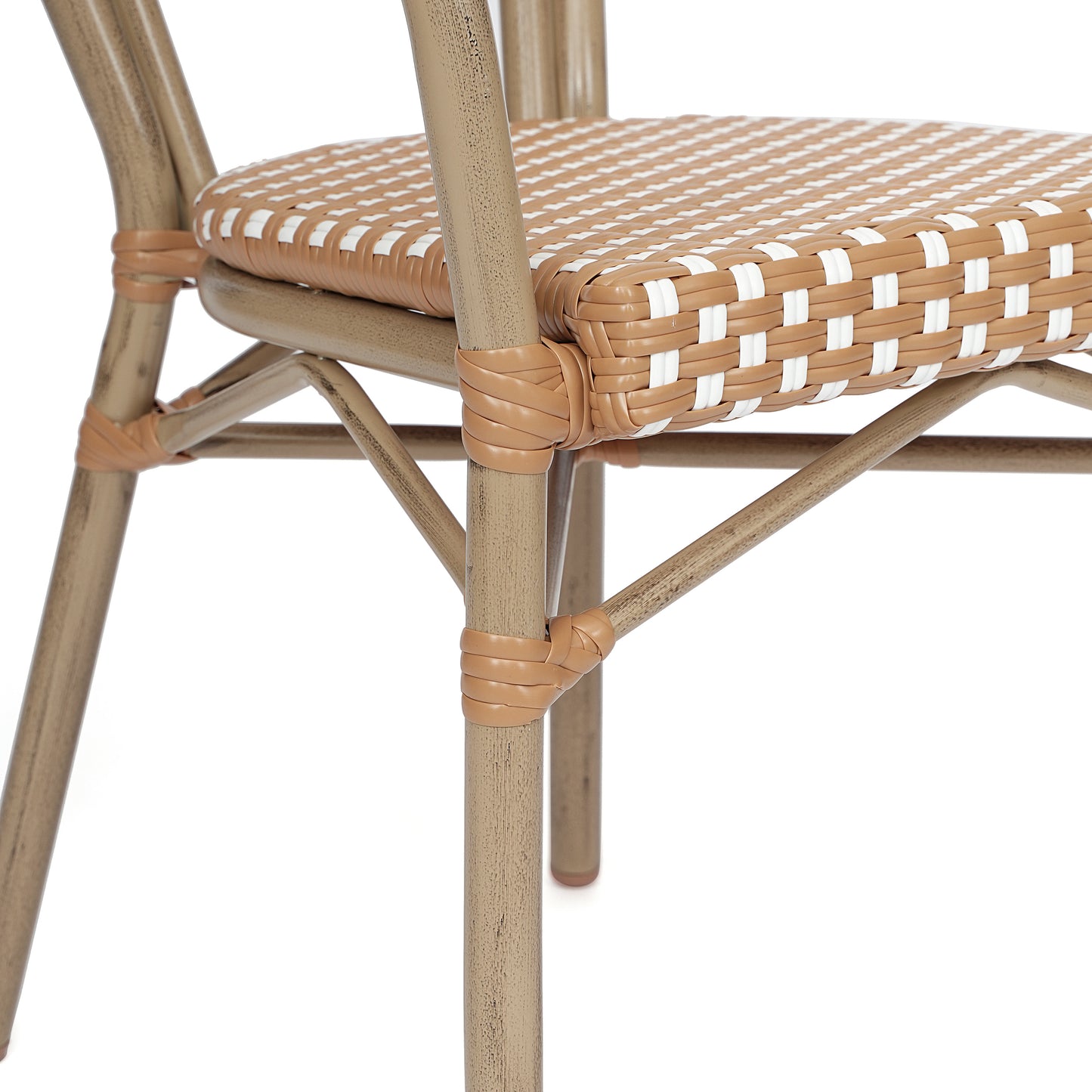2 Pack Lourdes Indoor/Outdoor Commercial Thonet Bistro Stack Chair with Arms, Natural/White PE Rattan and Bamboo Aluminum Frame in Lt Natural Natural & White/Light Natural Frame 2-SDA-AD642002A-NATWH-LTNAT-GG
