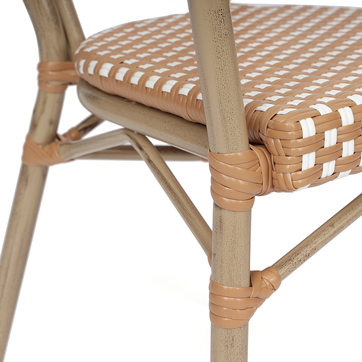 2 Pack Lourdes Indoor/Outdoor Commercial Thonet Bistro Stack Chair with Arms, Natural/White PE Rattan and Bamboo Aluminum Frame in Lt Natural Natural & White/Light Natural Frame 2-SDA-AD642002A-NATWH-LTNAT-GG