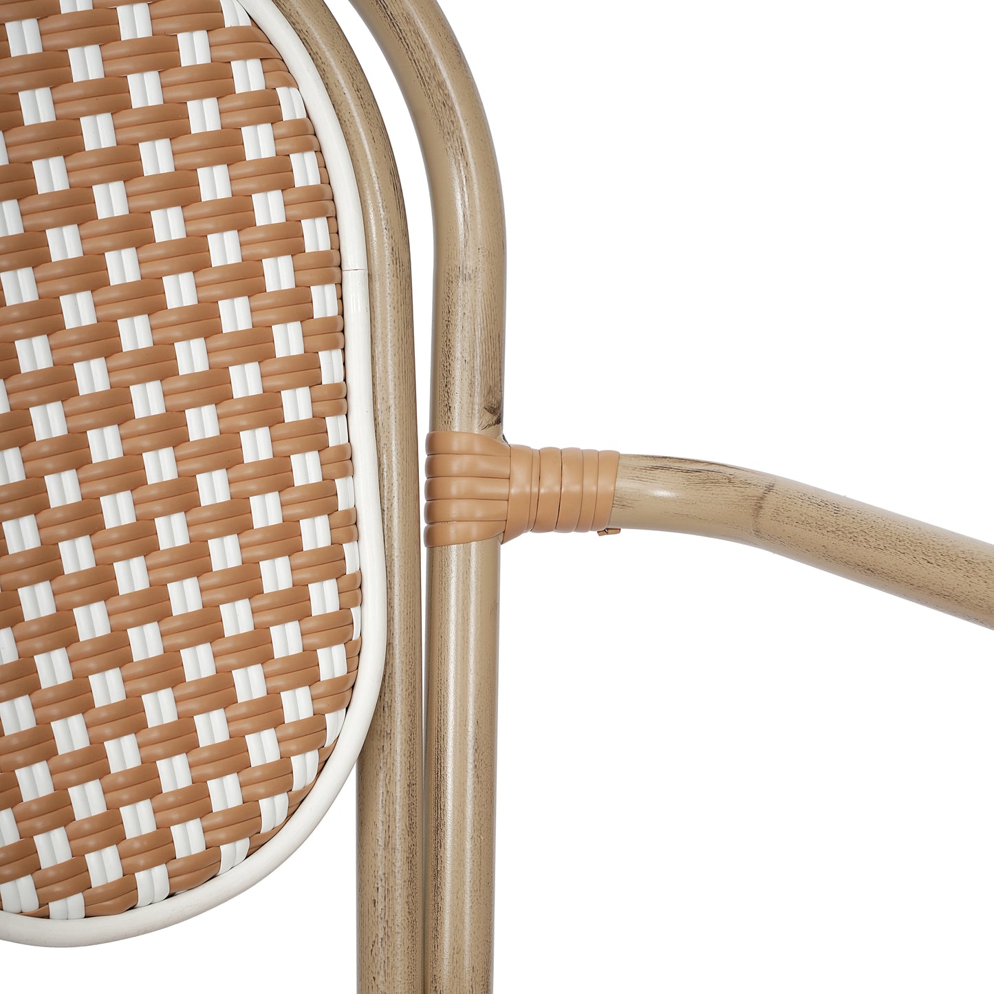 2 Pack Lourdes Indoor/Outdoor Commercial Thonet Bistro Stack Chair with Arms, Natural/White PE Rattan and Bamboo Aluminum Frame in Lt Natural Natural & White/Light Natural Frame 2-SDA-AD642002A-NATWH-LTNAT-GG