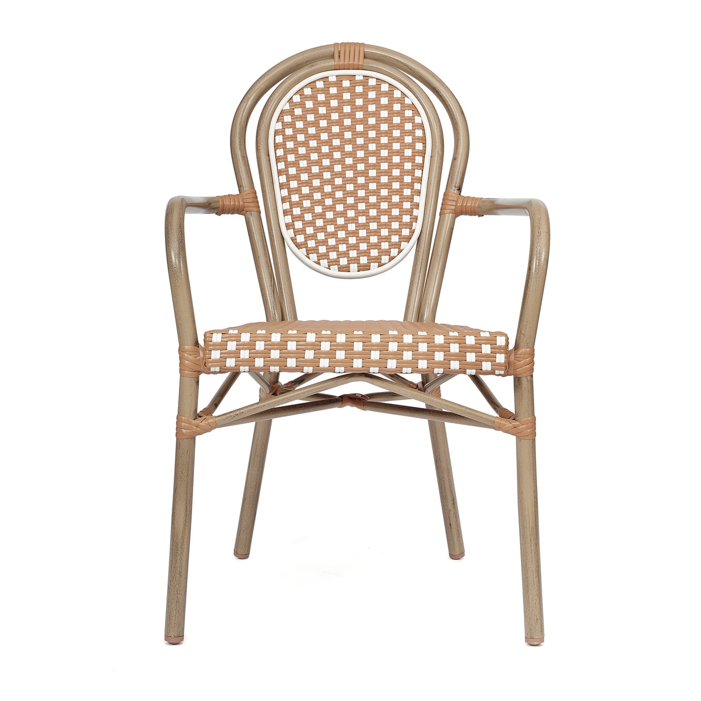 2 Pack Lourdes Indoor/Outdoor Commercial Thonet Bistro Stack Chair with Arms, Natural/White PE Rattan and Bamboo Aluminum Frame in Lt Natural Natural & White/Light Natural Frame 2-SDA-AD642002A-NATWH-LTNAT-GG