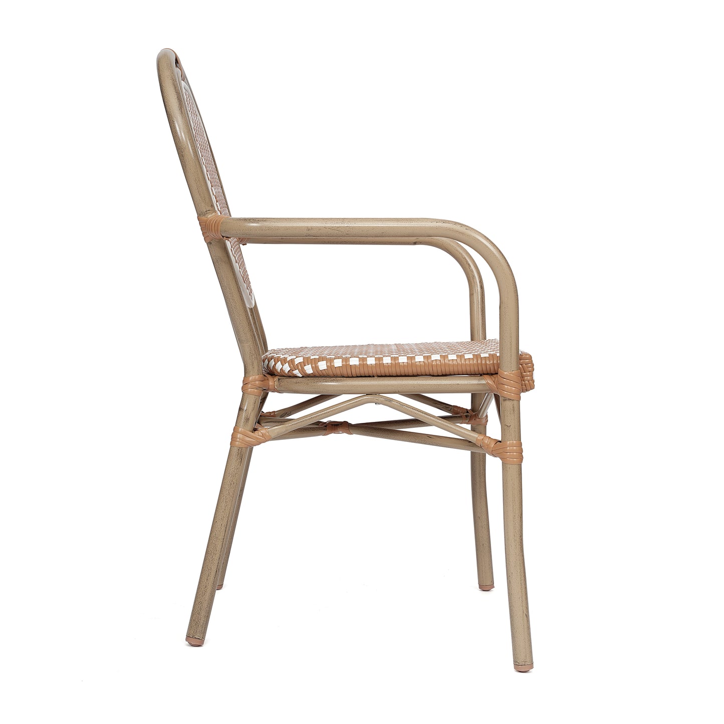 2 Pack Lourdes Indoor/Outdoor Commercial Thonet Bistro Stack Chair with Arms, Natural/White PE Rattan and Bamboo Aluminum Frame in Lt Natural Natural & White/Light Natural Frame 2-SDA-AD642002A-NATWH-LTNAT-GG