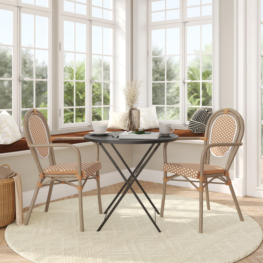 2 Pack Lourdes Indoor/Outdoor Commercial Thonet Bistro Stack Chair with Arms, Natural/White PE Rattan and Bamboo Aluminum Frame in Lt Natural Natural & White/Light Natural Frame 2-SDA-AD642002A-NATWH-LTNAT-GG