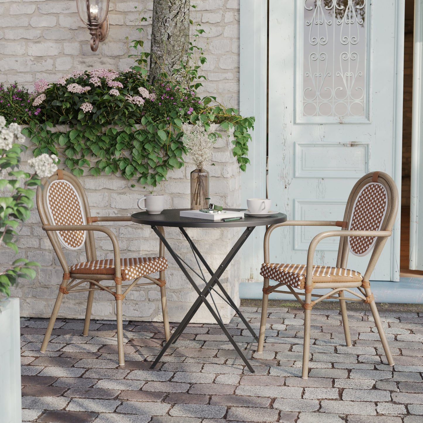 2 Pack Lourdes Indoor/Outdoor Commercial Thonet Bistro Stack Chair with Arms, Natural/White PE Rattan and Bamboo Aluminum Frame in Lt Natural Natural & White/Light Natural Frame 2-SDA-AD642002A-NATWH-LTNAT-GG