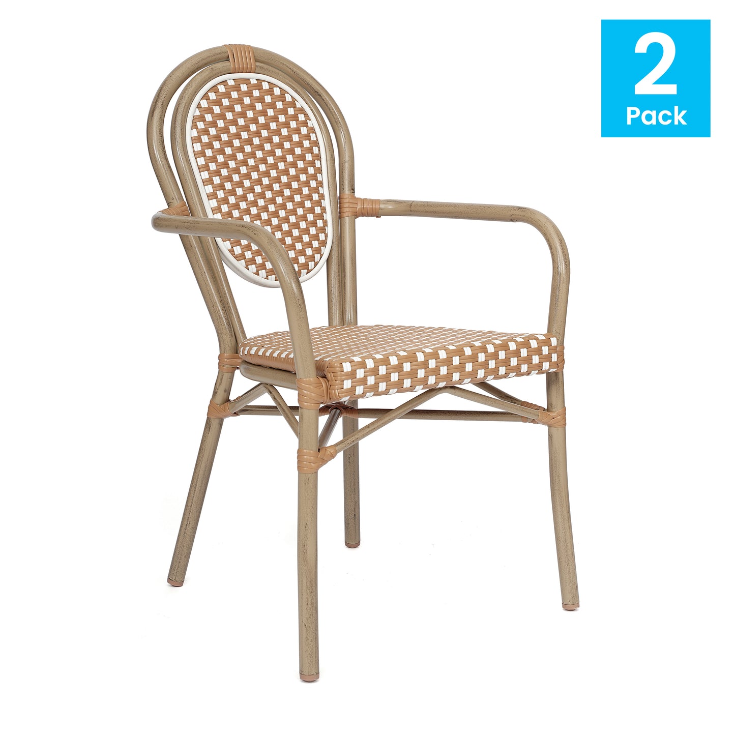 2 Pack Lourdes Indoor/Outdoor Commercial Thonet Bistro Stack Chair with Arms, Natural/White PE Rattan and Bamboo Aluminum Frame in Lt Natural Natural & White/Light Natural Frame 2-SDA-AD642002A-NATWH-LTNAT-GG