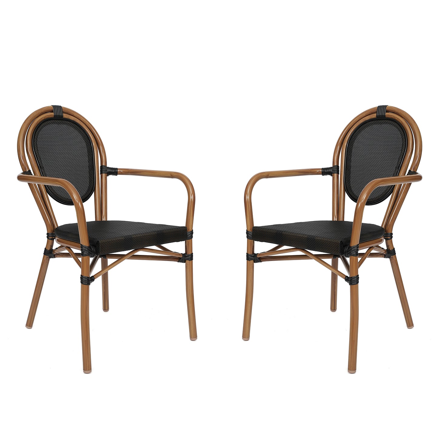 2 Pack Marseille Indoor/Outdoor Commercial Thonet Bistro Stacking Chair with Arms, Black Textilene and Bamboo Print Aluminum Frame in Natural Black/Natural Frame