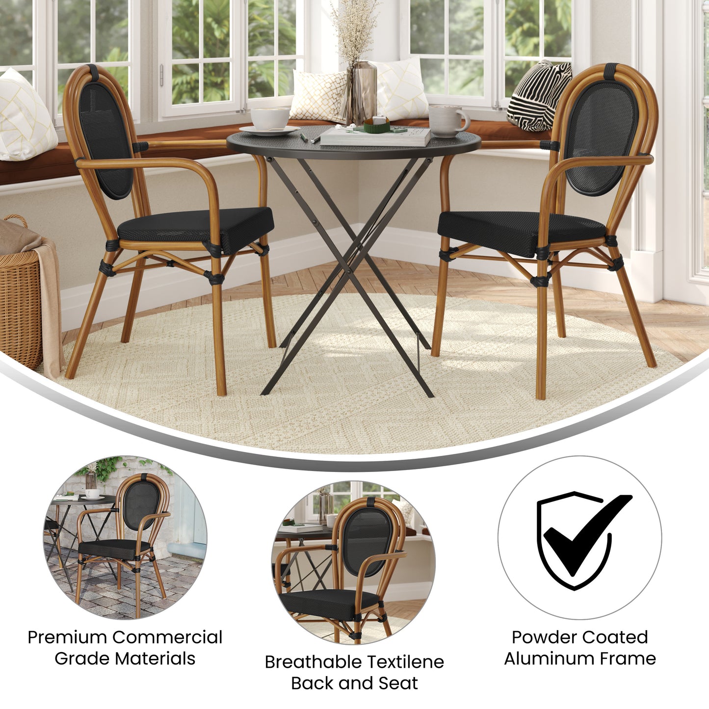 2 Pack Marseille Indoor/Outdoor Commercial Thonet Bistro Stacking Chair with Arms, Black Textilene and Bamboo Print Aluminum Frame in Natural Black/Natural Frame
