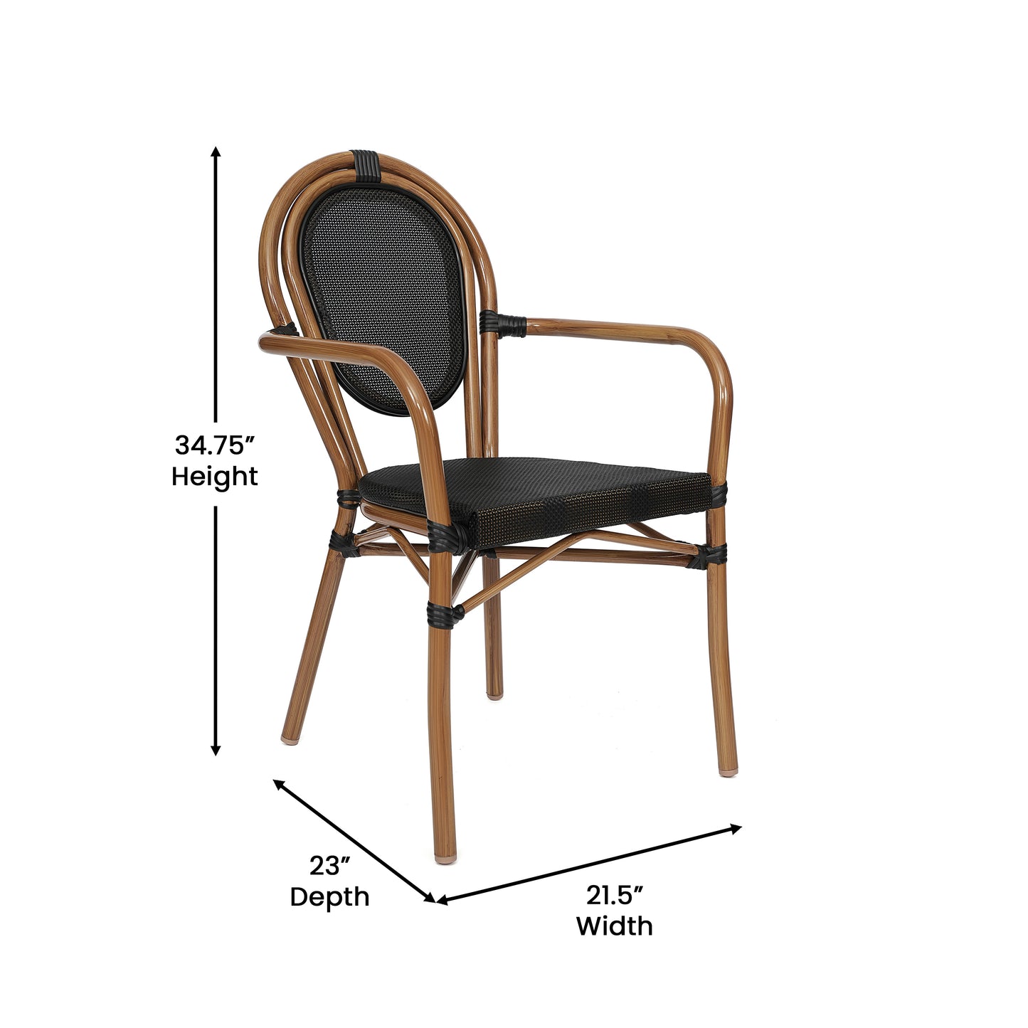 2 Pack Marseille Indoor/Outdoor Commercial Thonet Bistro Stacking Chair with Arms, Black Textilene and Bamboo Print Aluminum Frame in Natural Black/Natural Frame
