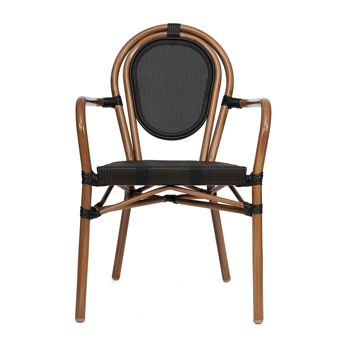 2 Pack Marseille Indoor/Outdoor Commercial Thonet Bistro Stacking Chair with Arms, Black Textilene and Bamboo Print Aluminum Frame in Natural Black/Natural Frame