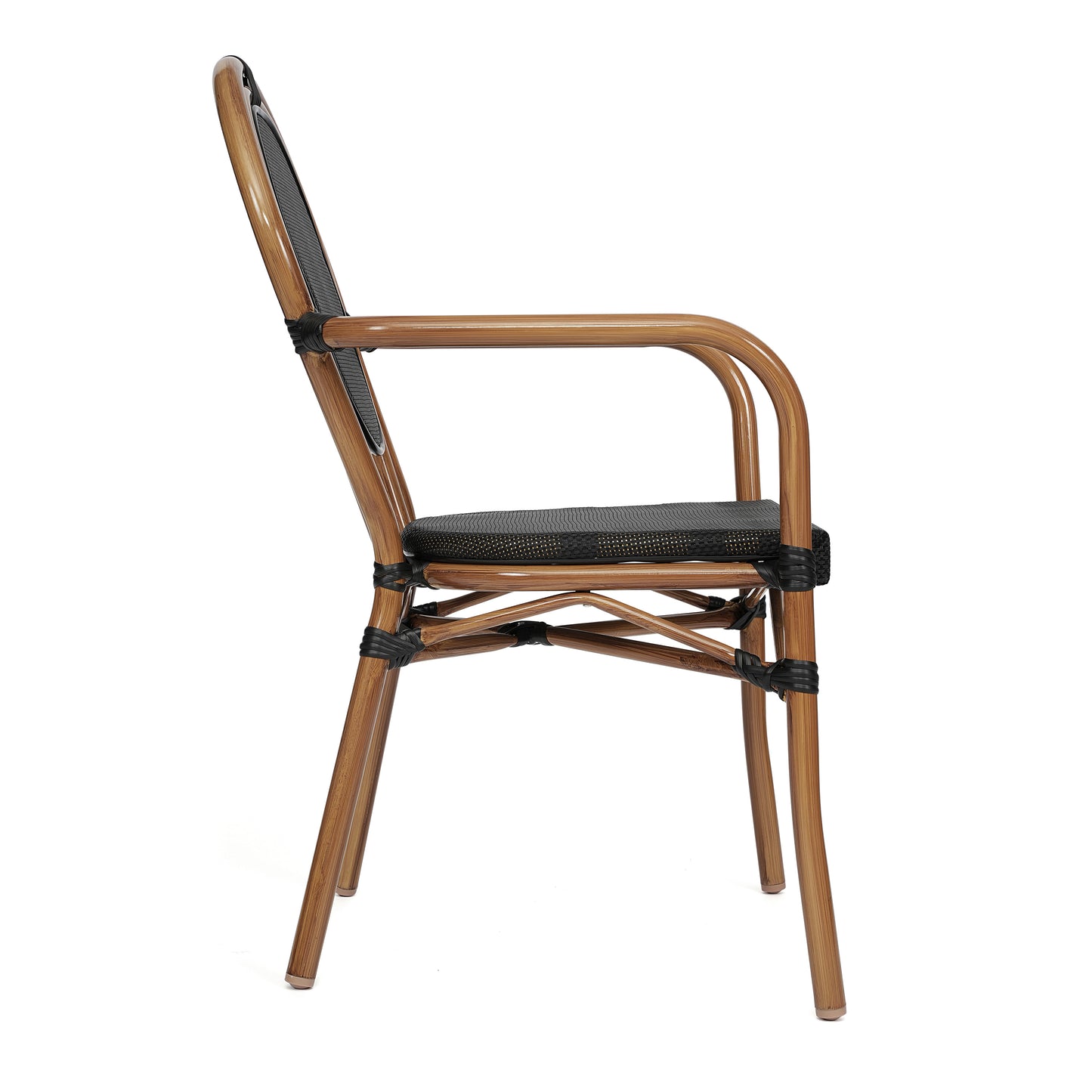 2 Pack Marseille Indoor/Outdoor Commercial Thonet Bistro Stacking Chair with Arms, Black Textilene and Bamboo Print Aluminum Frame in Natural Black/Natural Frame