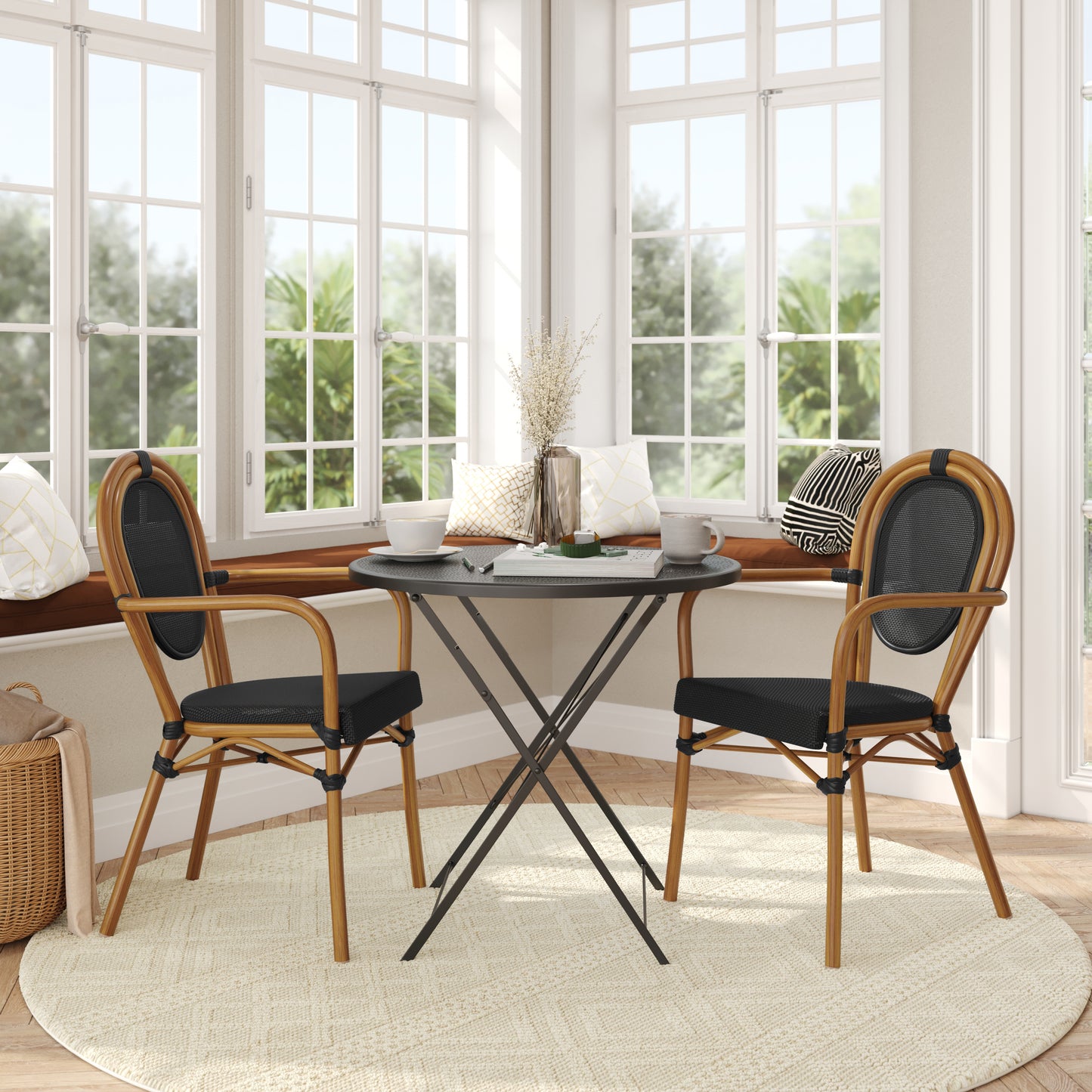 2 Pack Marseille Indoor/Outdoor Commercial Thonet Bistro Stacking Chair with Arms, Black Textilene and Bamboo Print Aluminum Frame in Natural Black/Natural Frame