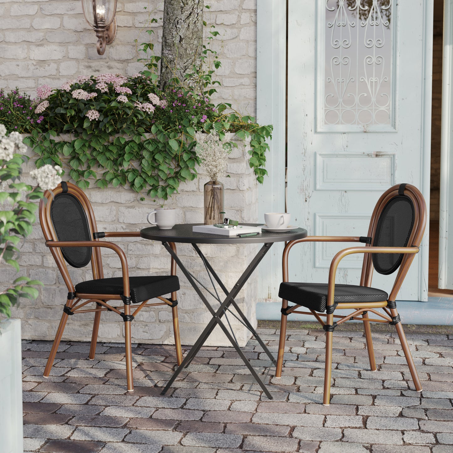 2 Pack Marseille Indoor/Outdoor Commercial Thonet Bistro Stacking Chair with Arms, Black Textilene and Bamboo Print Aluminum Frame in Natural Black/Natural Frame