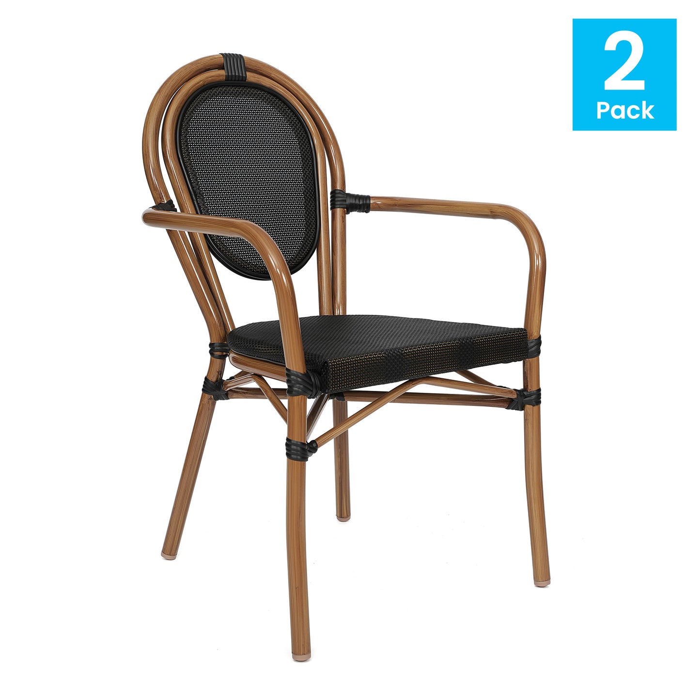 2 Pack Marseille Indoor/Outdoor Commercial Thonet Bistro Stacking Chair with Arms, Black Textilene and Bamboo Print Aluminum Frame in Natural Black/Natural Frame