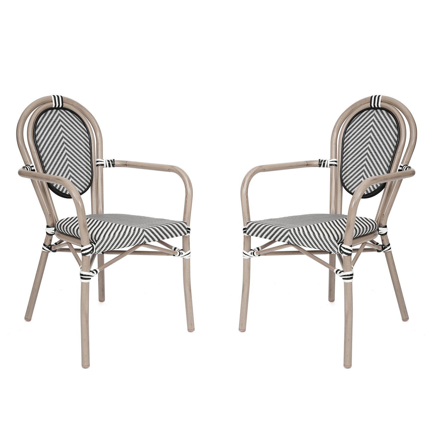 2 Pack Marseille Indoor/Outdoor Commercial Thonet Bistro Stack Chair with Arms, Black/White Textilene and Bamboo Aluminum Frame in LT Natural Black & White/Light Natural Frame 2-SDA-AD642002A-TXT-BLKWH-LTNAT-GG