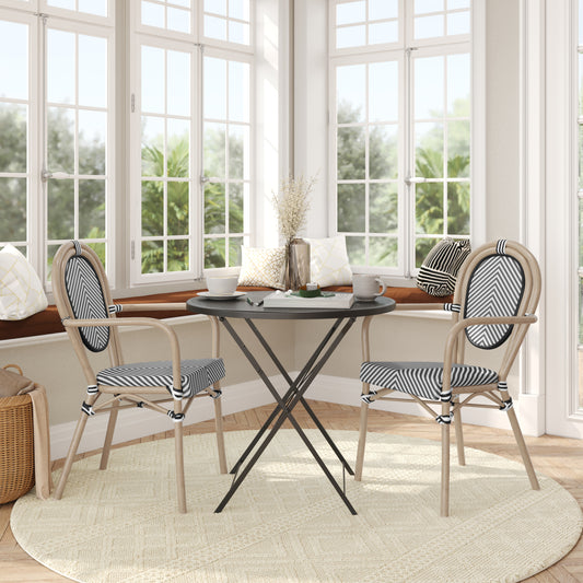 2 Pack Marseille Indoor/Outdoor Commercial Thonet Bistro Stack Chair with Arms, Black/White Textilene and Bamboo Aluminum Frame in LT Natural Black & White/Light Natural Frame 2-SDA-AD642002A-TXT-BLKWH-LTNAT-GG