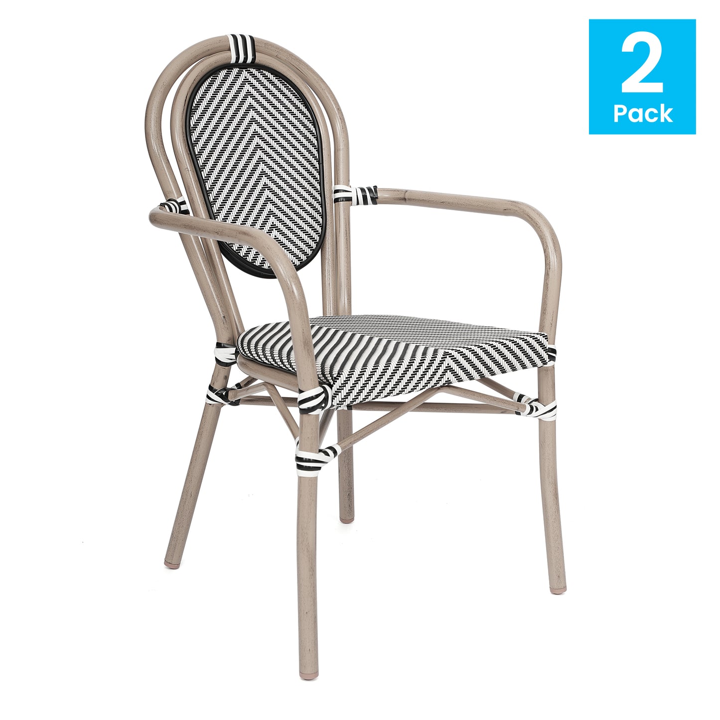 2 Pack Marseille Indoor/Outdoor Commercial Thonet Bistro Stack Chair with Arms, Black/White Textilene and Bamboo Aluminum Frame in LT Natural Black & White/Light Natural Frame 2-SDA-AD642002A-TXT-BLKWH-LTNAT-GG