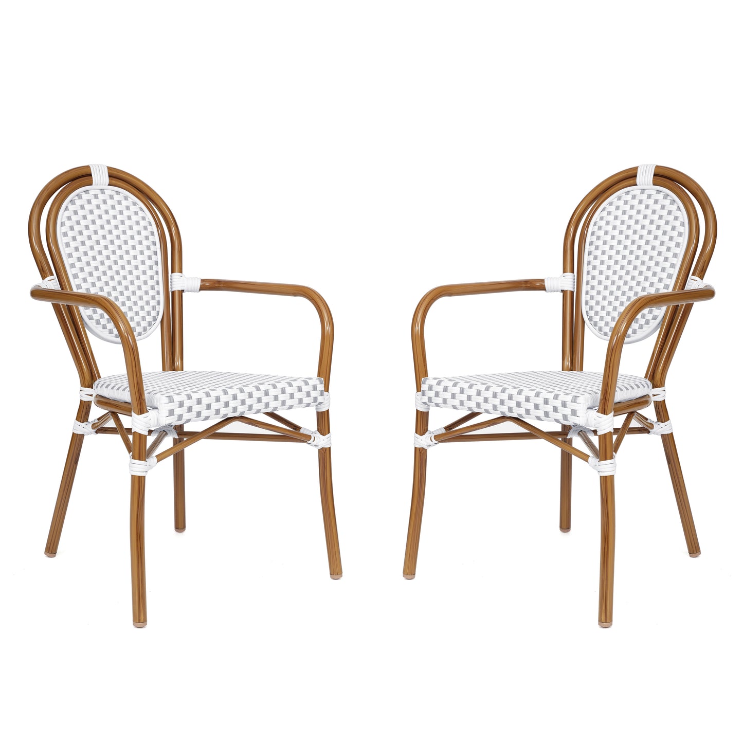 2 Pack Lourdes Indoor/Outdoor Commercial Thonet Bistro Stacking Chair with Arms, White and Gray PE Rattan and Bamboo Aluminum Frame in Natural White & Gray/Natural Frame