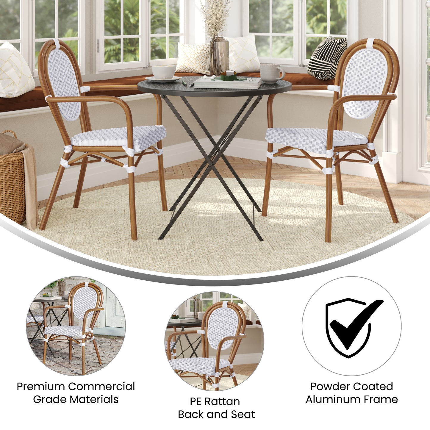2 Pack Lourdes Indoor/Outdoor Commercial Thonet Bistro Stacking Chair with Arms, White and Gray PE Rattan and Bamboo Aluminum Frame in Natural White & Gray/Natural Frame