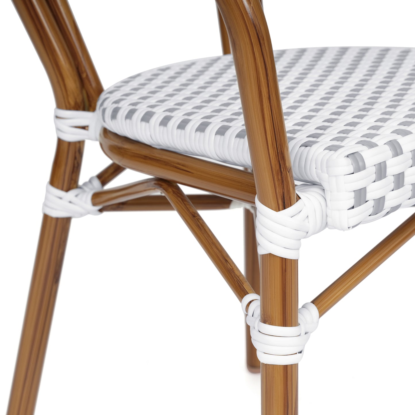 2 Pack Lourdes Indoor/Outdoor Commercial Thonet Bistro Stacking Chair with Arms, White and Gray PE Rattan and Bamboo Aluminum Frame in Natural White & Gray/Natural Frame