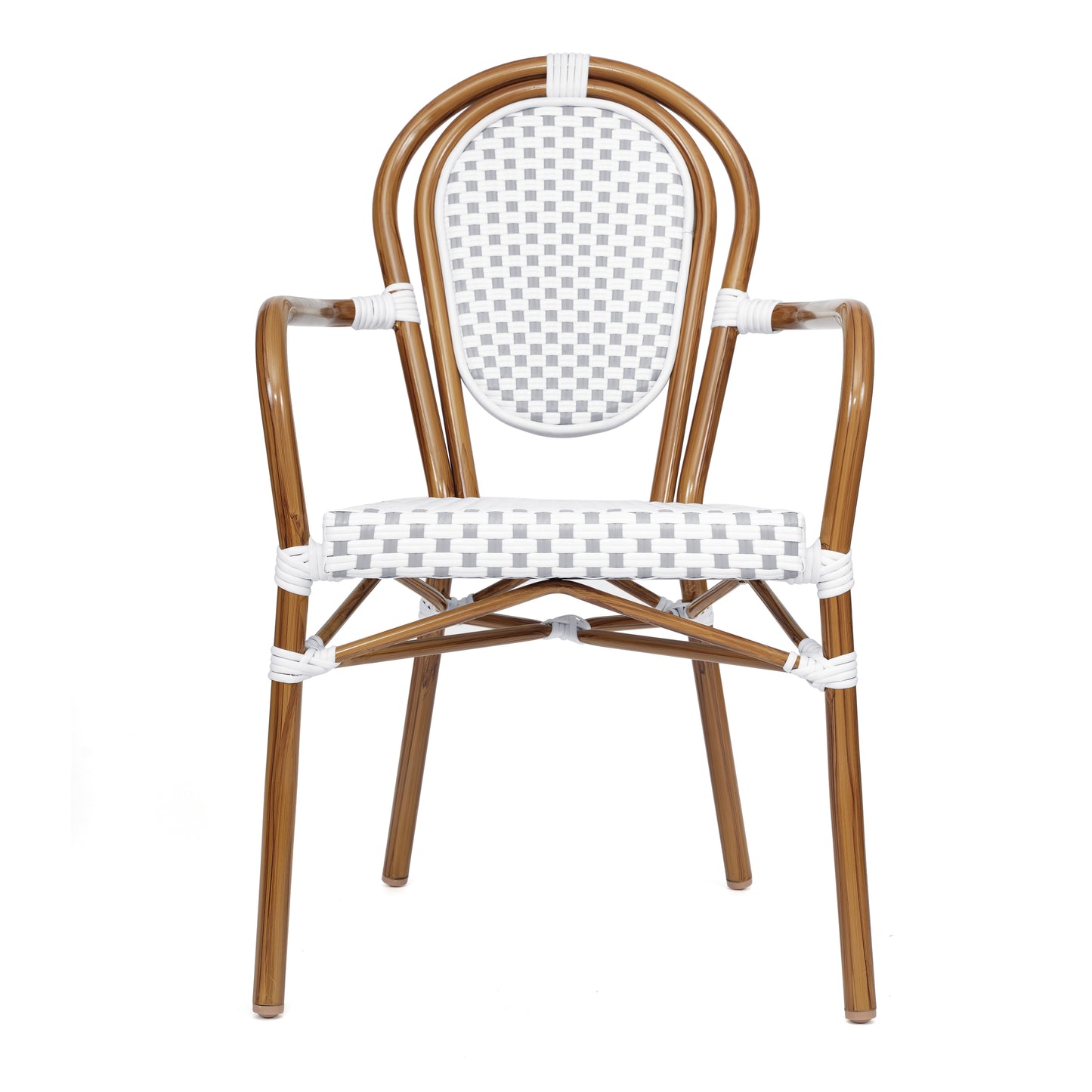 2 Pack Lourdes Indoor/Outdoor Commercial Thonet Bistro Stacking Chair with Arms, White and Gray PE Rattan and Bamboo Aluminum Frame in Natural White & Gray/Natural Frame