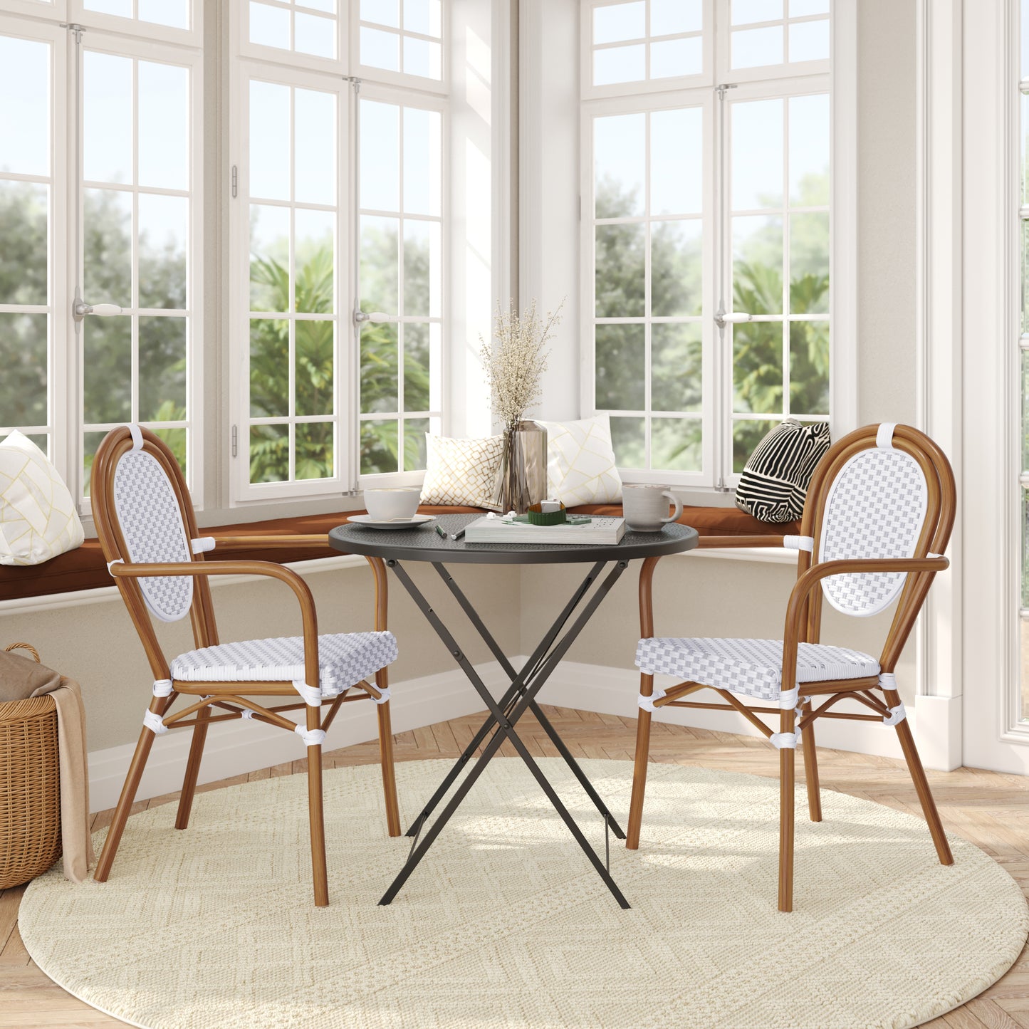 2 Pack Lourdes Indoor/Outdoor Commercial Thonet Bistro Stacking Chair with Arms, White and Gray PE Rattan and Bamboo Aluminum Frame in Natural White & Gray/Natural Frame