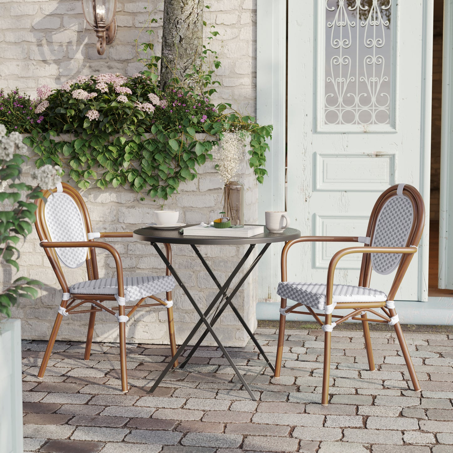 2 Pack Lourdes Indoor/Outdoor Commercial Thonet Bistro Stacking Chair with Arms, White and Gray PE Rattan and Bamboo Aluminum Frame in Natural White & Gray/Natural Frame