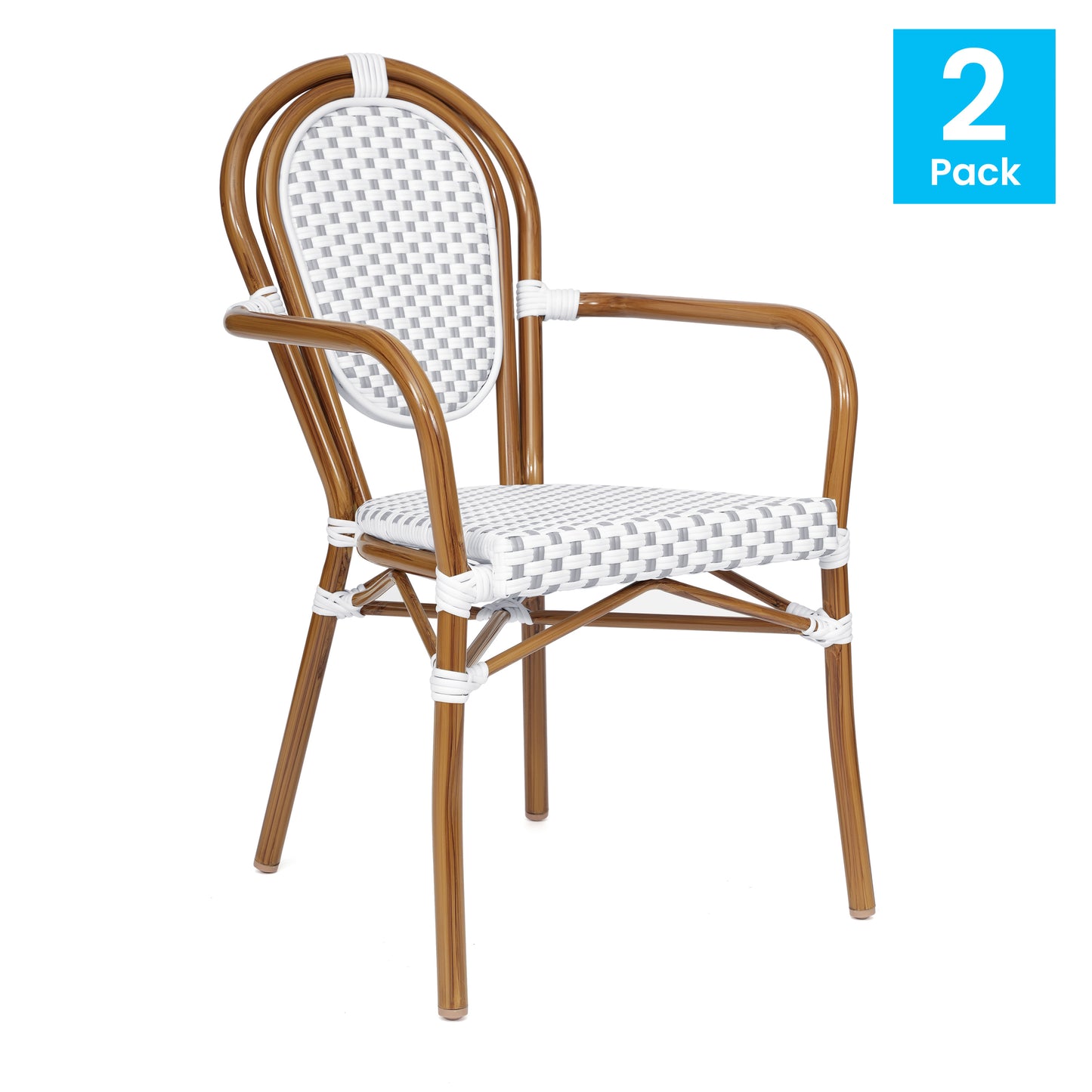 2 Pack Lourdes Indoor/Outdoor Commercial Thonet Bistro Stacking Chair with Arms, White and Gray PE Rattan and Bamboo Aluminum Frame in Natural White & Gray/Natural Frame