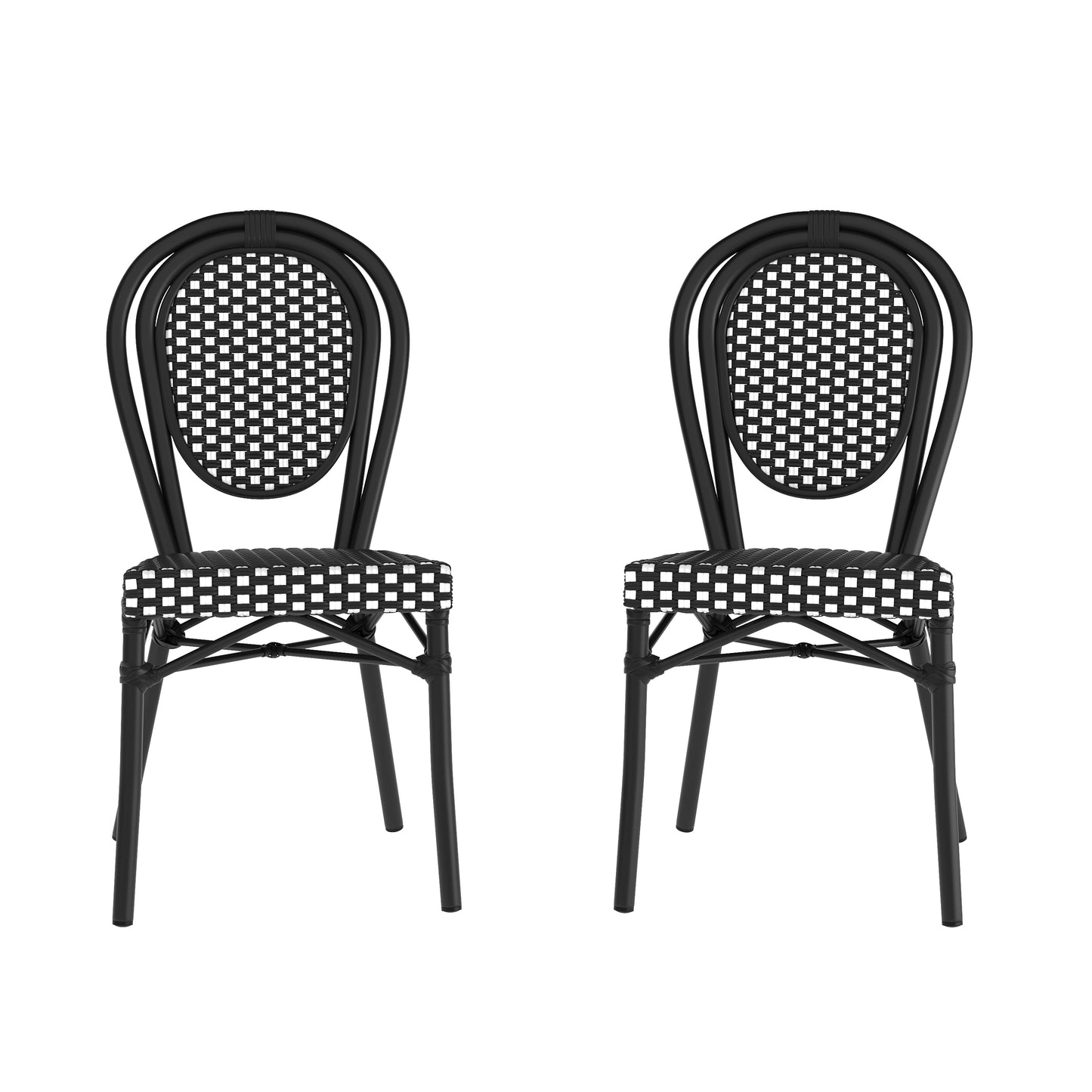 2 Pack Lourdes Indoor/Outdoor Commercial Thonet Bistro Stacking Chair, Black and White PE Rattan and Black Aluminum Frame Black & White/Black Frame
