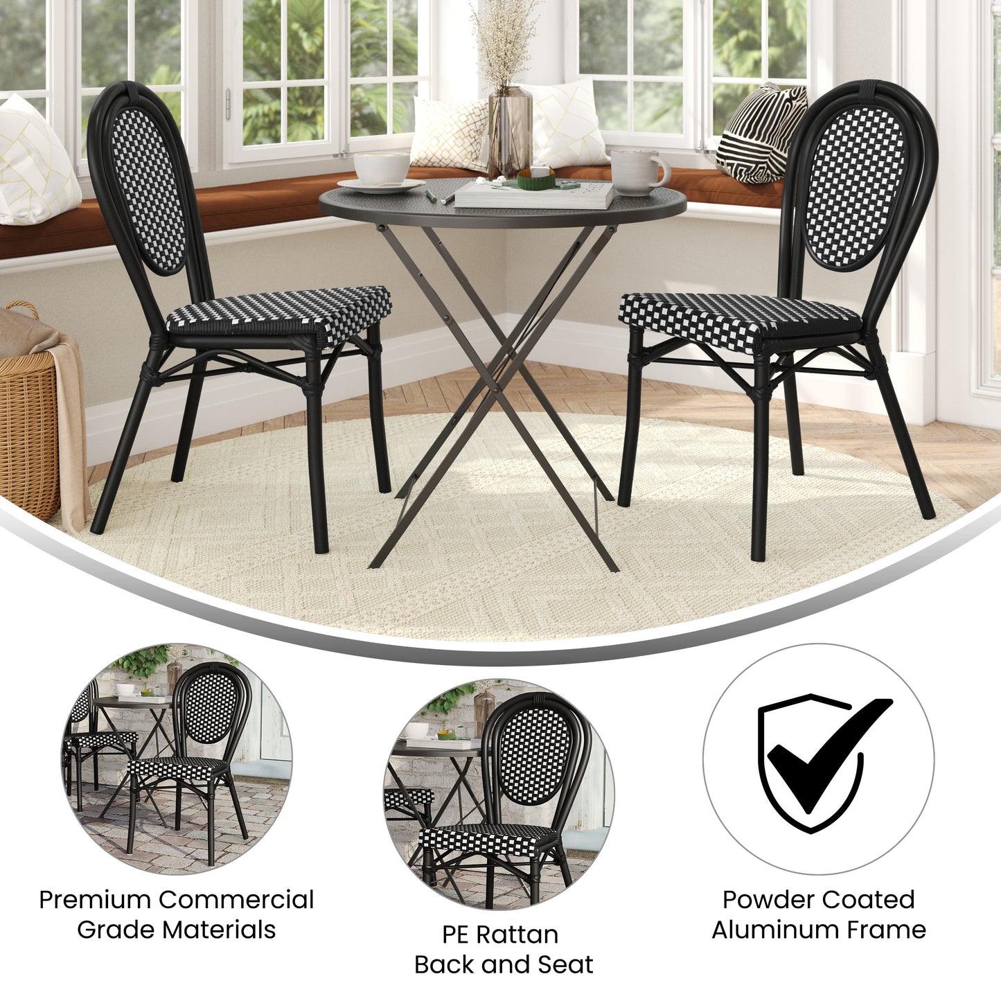 2 Pack Lourdes Indoor/Outdoor Commercial Thonet Bistro Stacking Chair, Black and White PE Rattan and Black Aluminum Frame Black & White/Black Frame