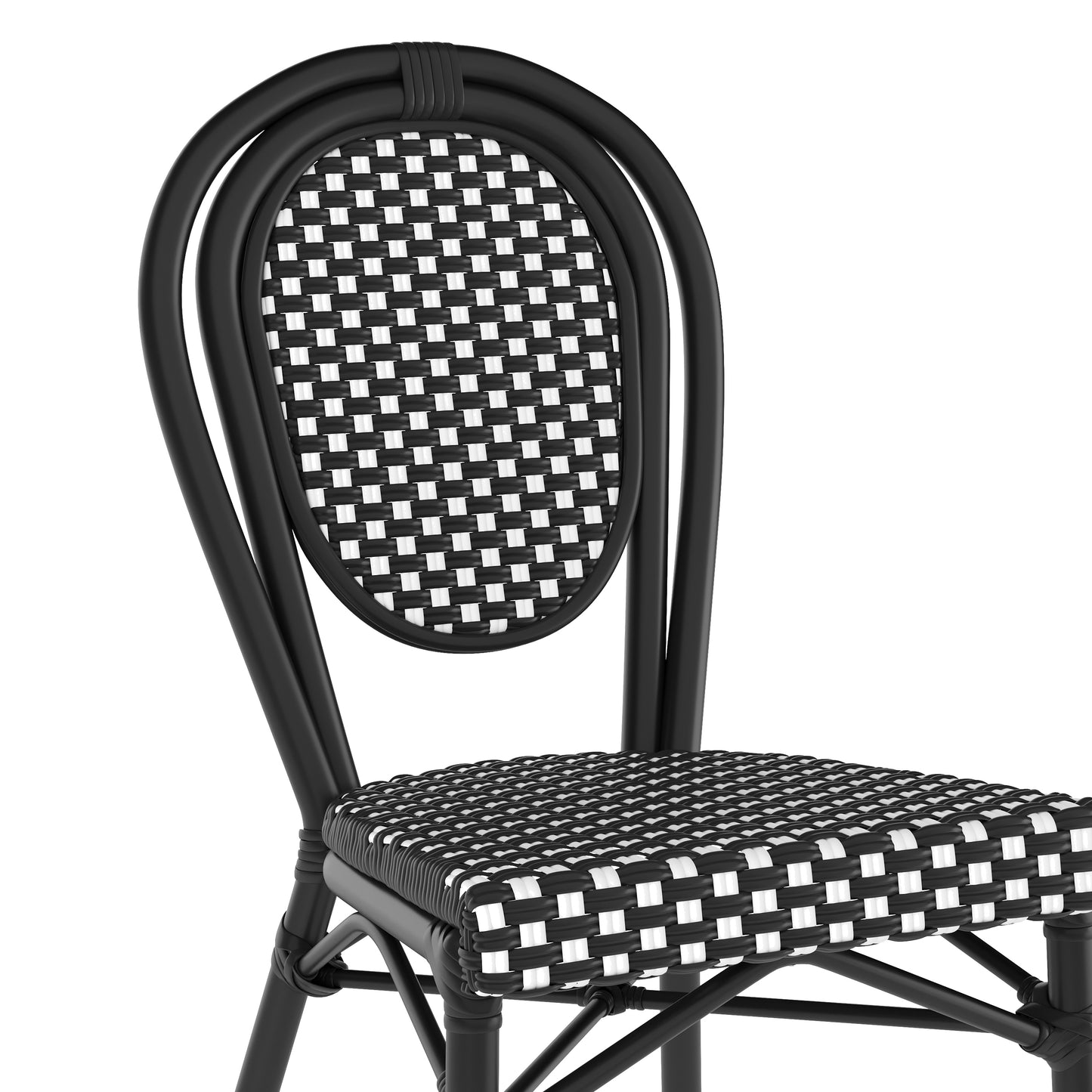 2 Pack Lourdes Indoor/Outdoor Commercial Thonet Bistro Stacking Chair, Black and White PE Rattan and Black Aluminum Frame Black & White/Black Frame