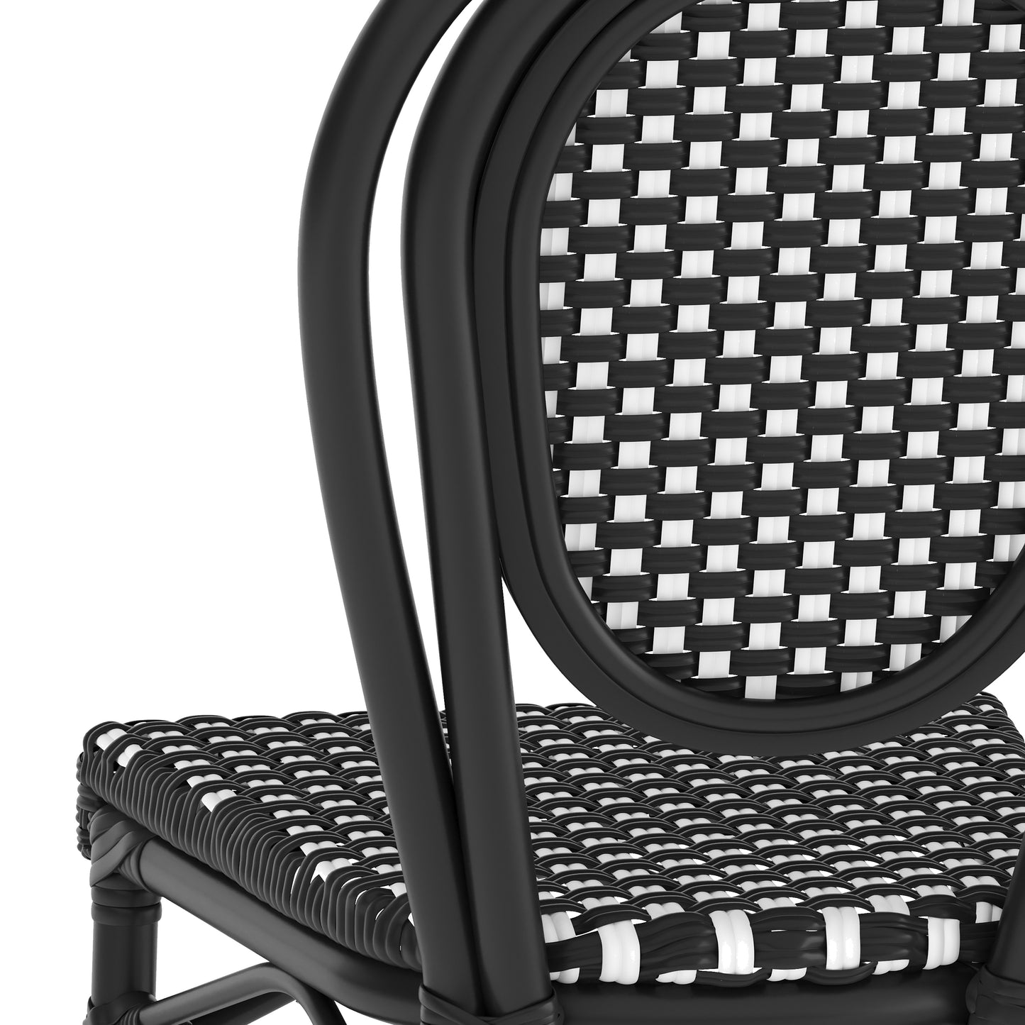 2 Pack Lourdes Indoor/Outdoor Commercial Thonet Bistro Stacking Chair, Black and White PE Rattan and Black Aluminum Frame Black & White/Black Frame