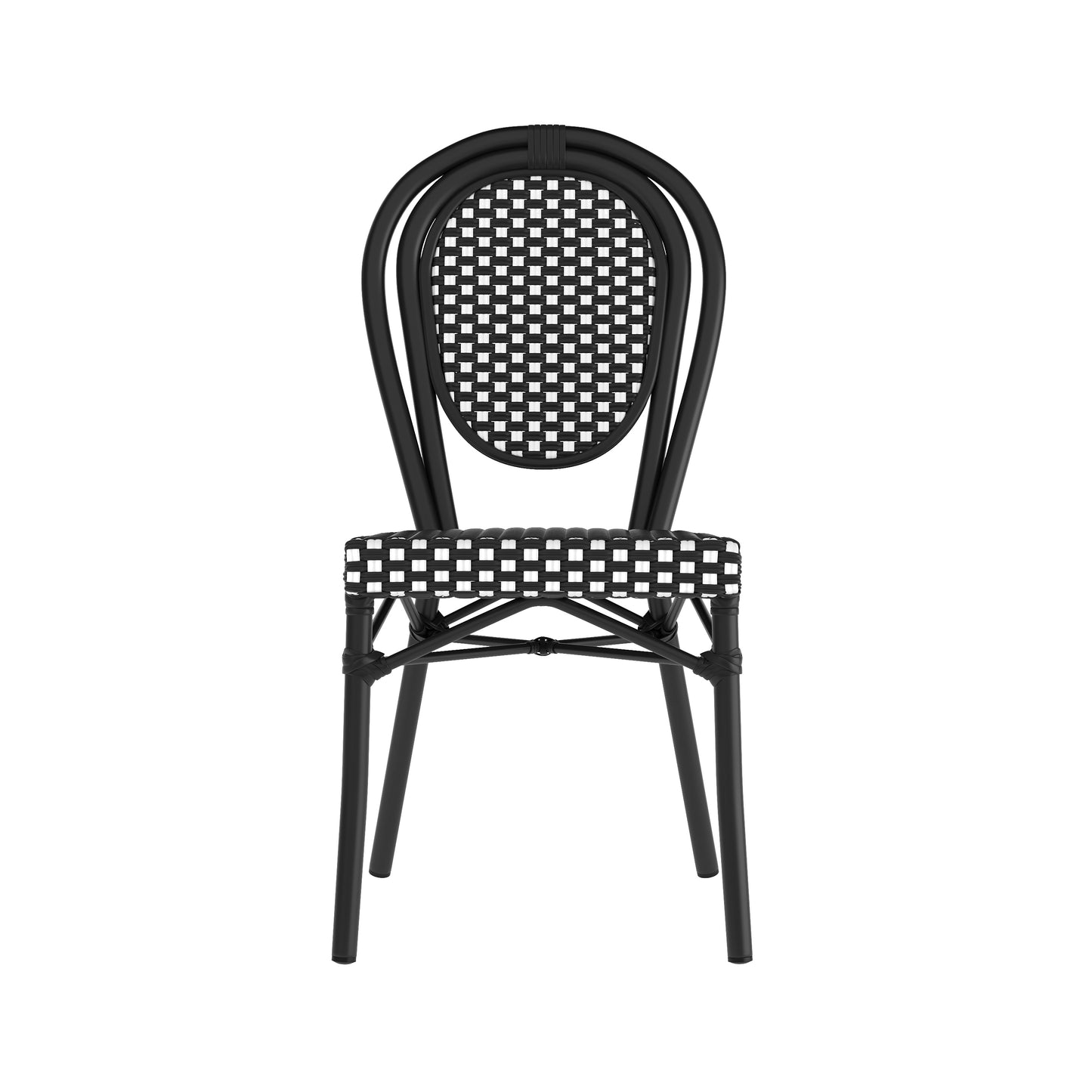 2 Pack Lourdes Indoor/Outdoor Commercial Thonet Bistro Stacking Chair, Black and White PE Rattan and Black Aluminum Frame Black & White/Black Frame