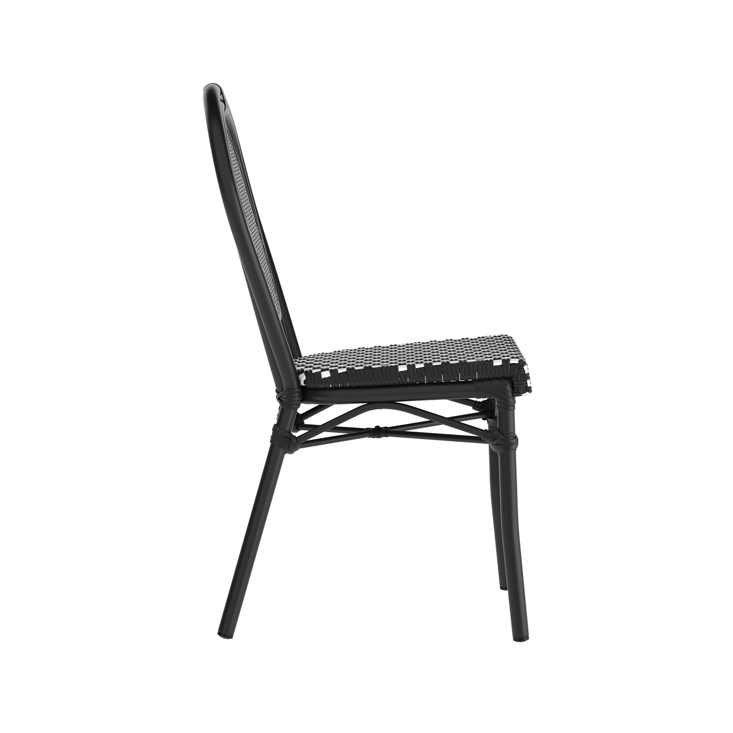 2 Pack Lourdes Indoor/Outdoor Commercial Thonet Bistro Stacking Chair, Black and White PE Rattan and Black Aluminum Frame Black & White/Black Frame