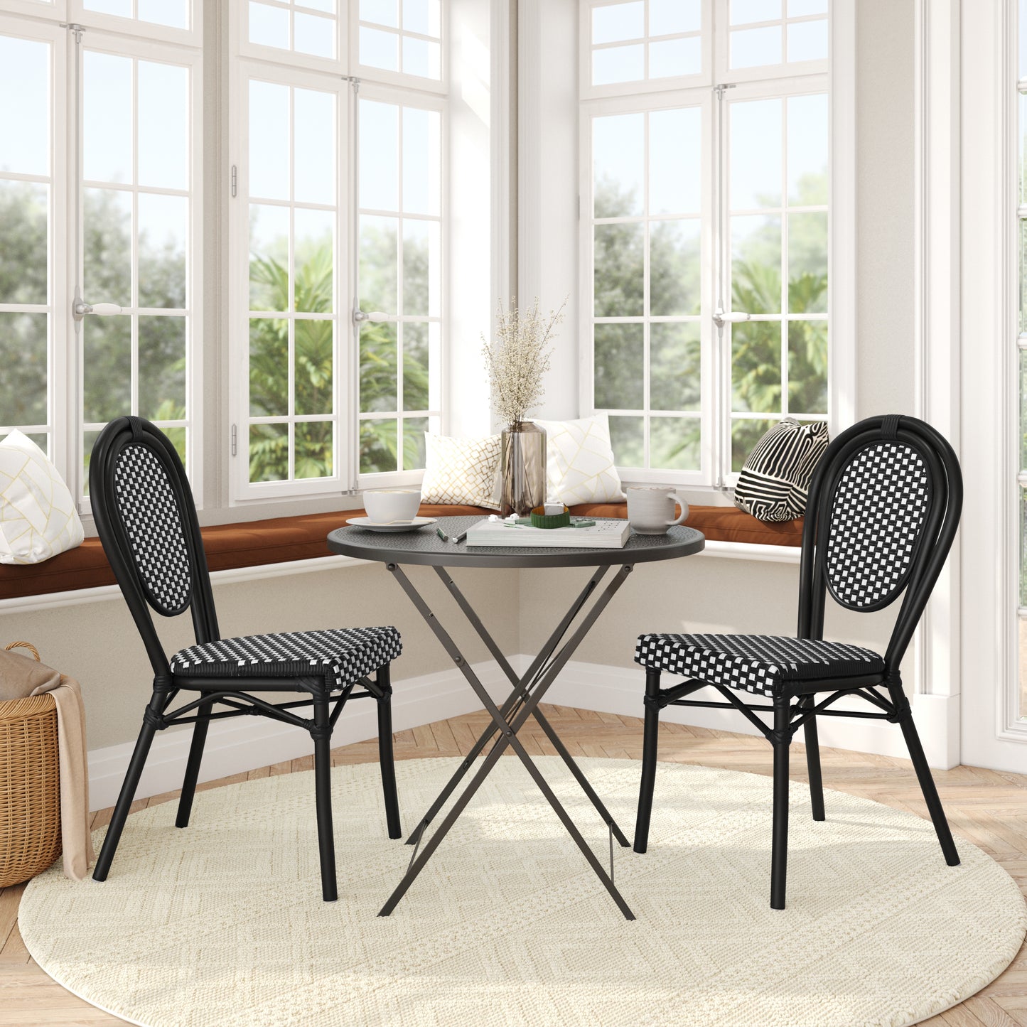 2 Pack Lourdes Indoor/Outdoor Commercial Thonet Bistro Stacking Chair, Black and White PE Rattan and Black Aluminum Frame Black & White/Black Frame