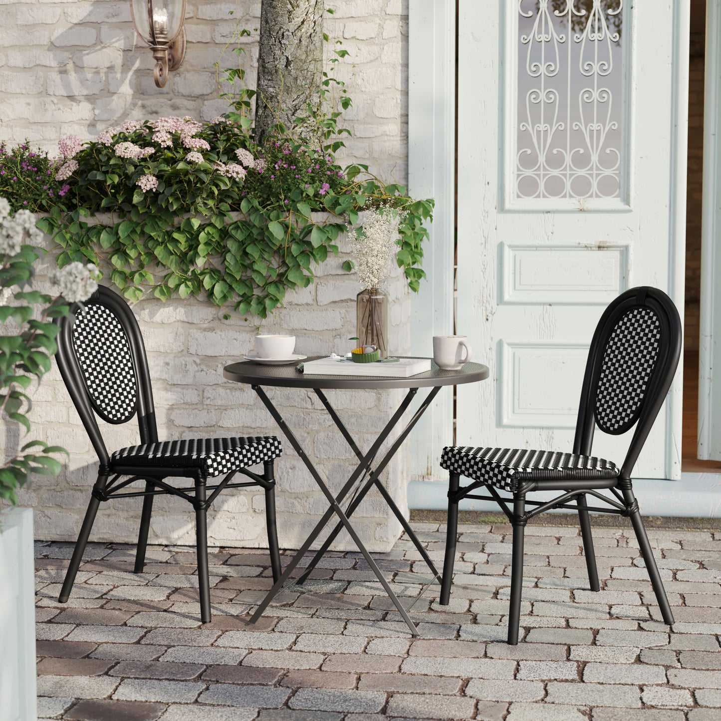 2 Pack Lourdes Indoor/Outdoor Commercial Thonet Bistro Stacking Chair, Black and White PE Rattan and Black Aluminum Frame Black & White/Black Frame