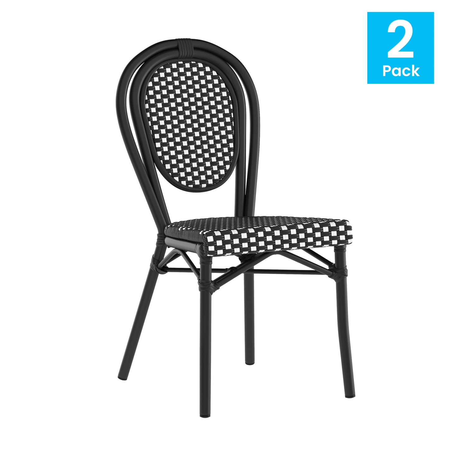 2 Pack Lourdes Indoor/Outdoor Commercial Thonet Bistro Stacking Chair, Black and White PE Rattan and Black Aluminum Frame Black & White/Black Frame