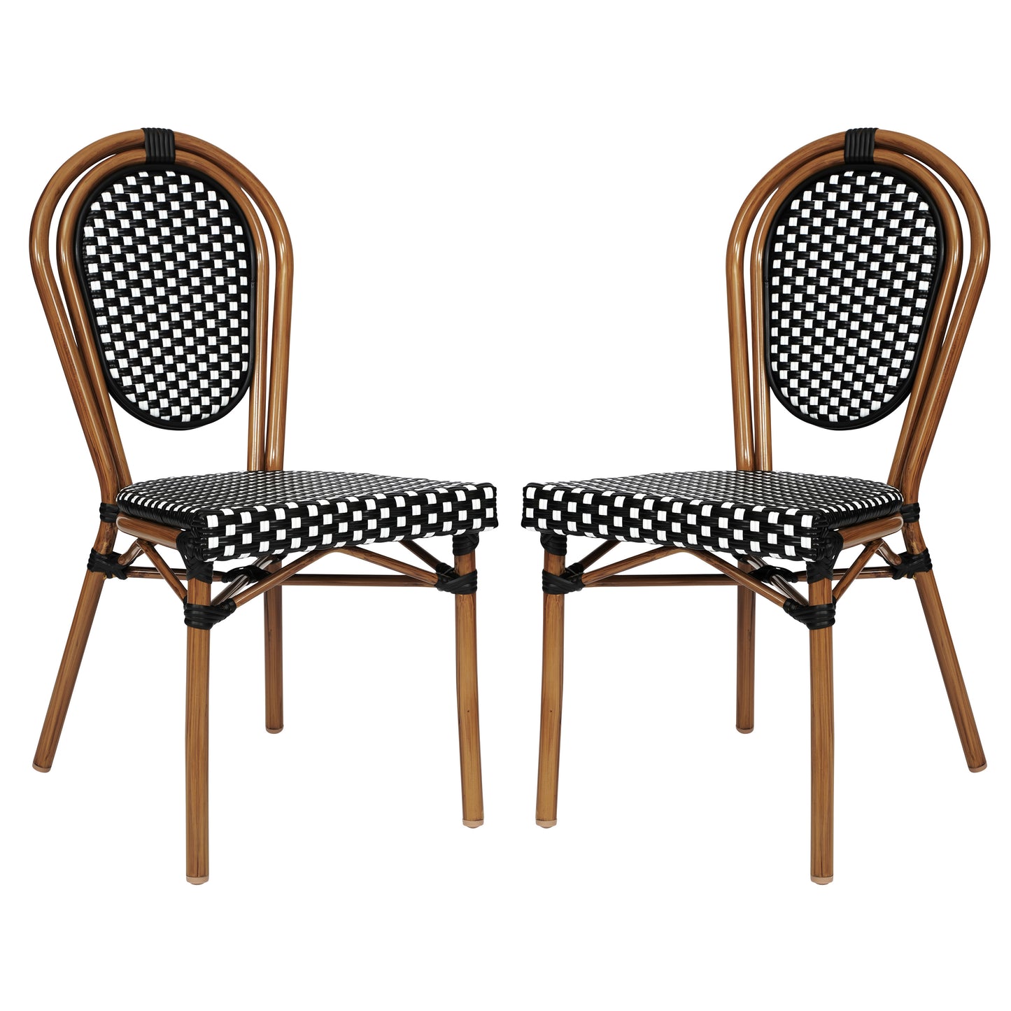 2 Pack Lourdes Indoor/Outdoor Commercial Thonet Bistro Stack Chair Natural/White PE Rattan and Bamboo Aluminum Frame in Natural Black & White/Natural Frame