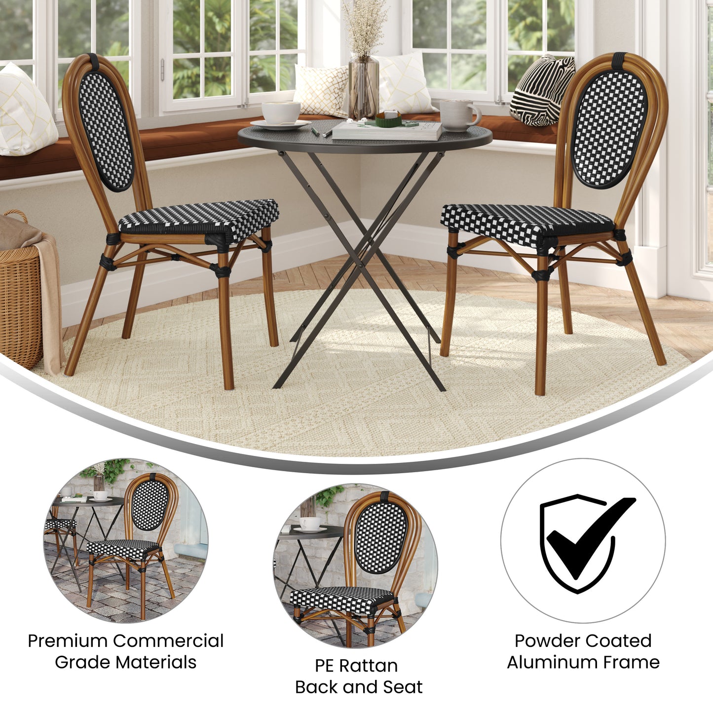 2 Pack Lourdes Indoor/Outdoor Commercial Thonet Bistro Stack Chair Natural/White PE Rattan and Bamboo Aluminum Frame in Natural Black & White/Natural Frame