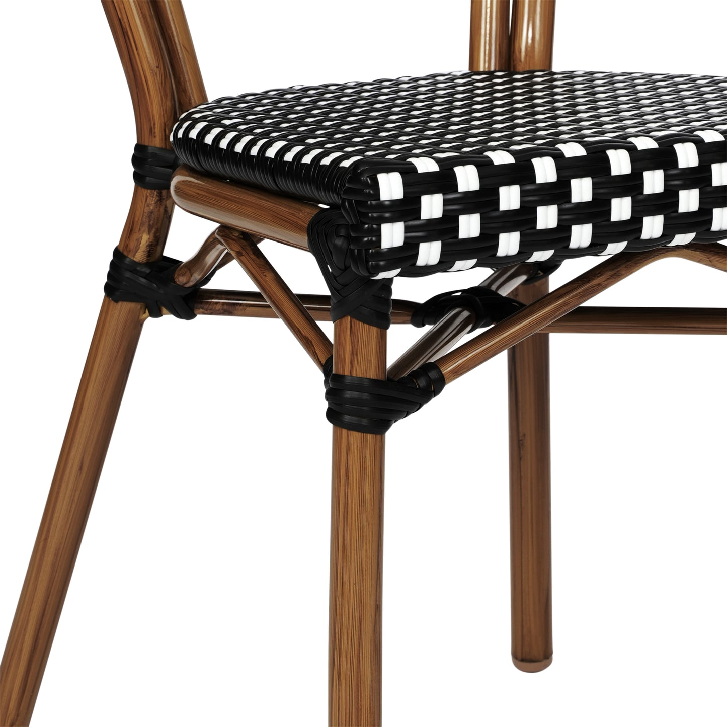 2 Pack Lourdes Indoor/Outdoor Commercial Thonet Bistro Stack Chair Natural/White PE Rattan and Bamboo Aluminum Frame in Natural Black & White/Natural Frame