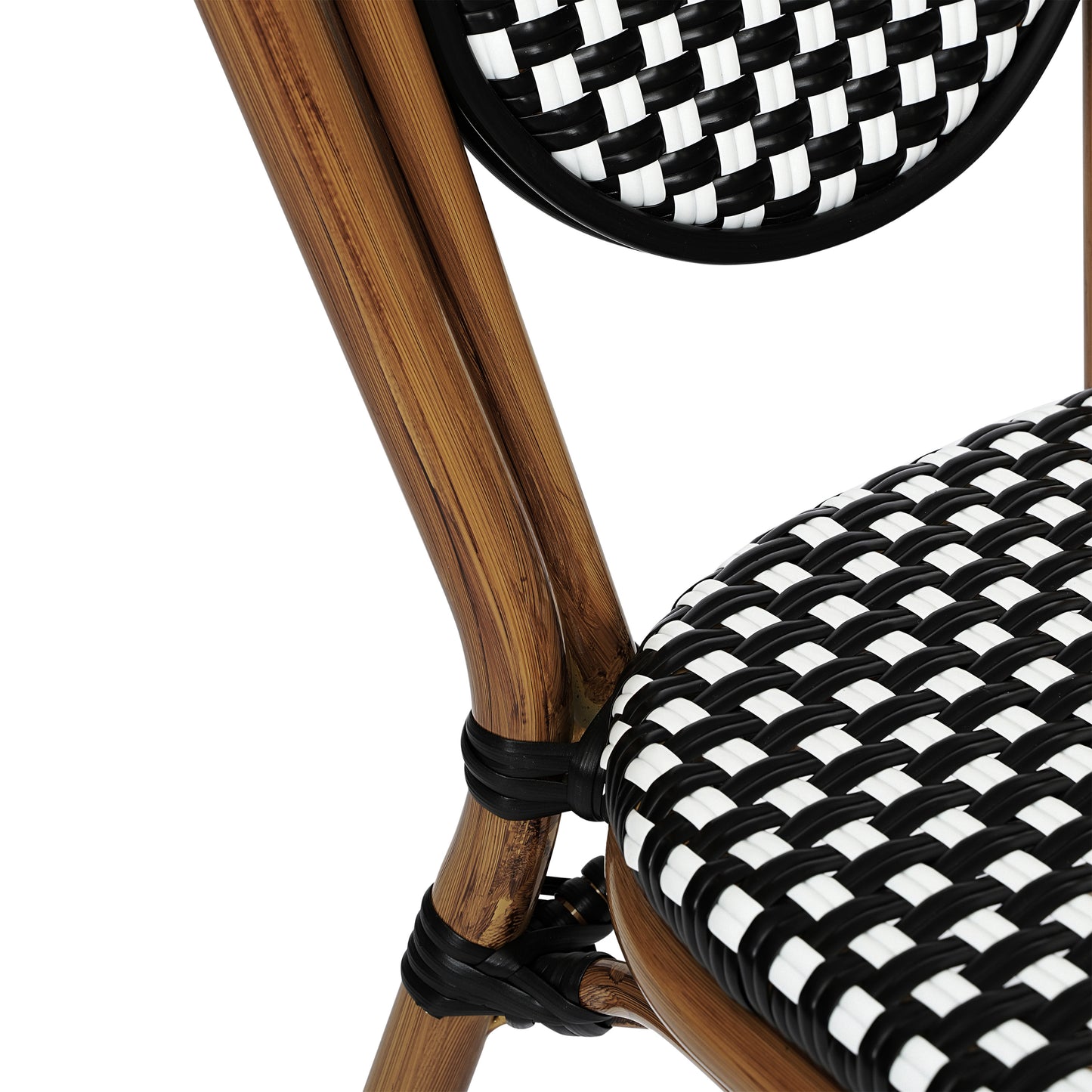 2 Pack Lourdes Indoor/Outdoor Commercial Thonet Bistro Stack Chair Natural/White PE Rattan and Bamboo Aluminum Frame in Natural Black & White/Natural Frame