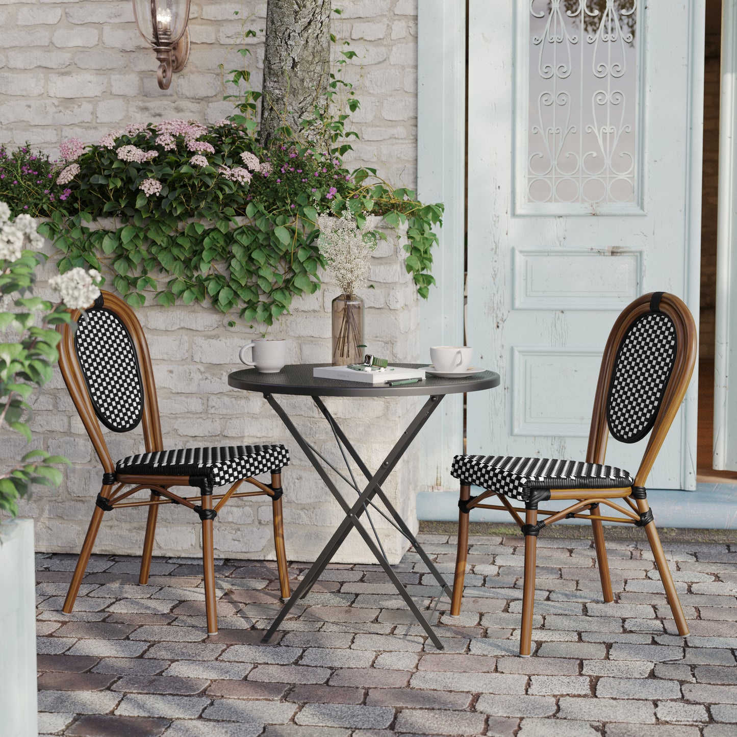 2 Pack Lourdes Indoor/Outdoor Commercial Thonet Bistro Stack Chair Natural/White PE Rattan and Bamboo Aluminum Frame in Natural Black & White/Natural Frame